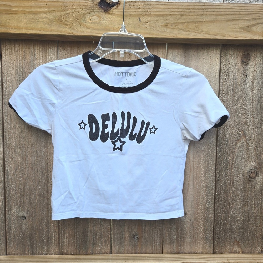 Hot Topic Delulu Graphic Ringer Crop Top White Black Small Y2K Baby Tee